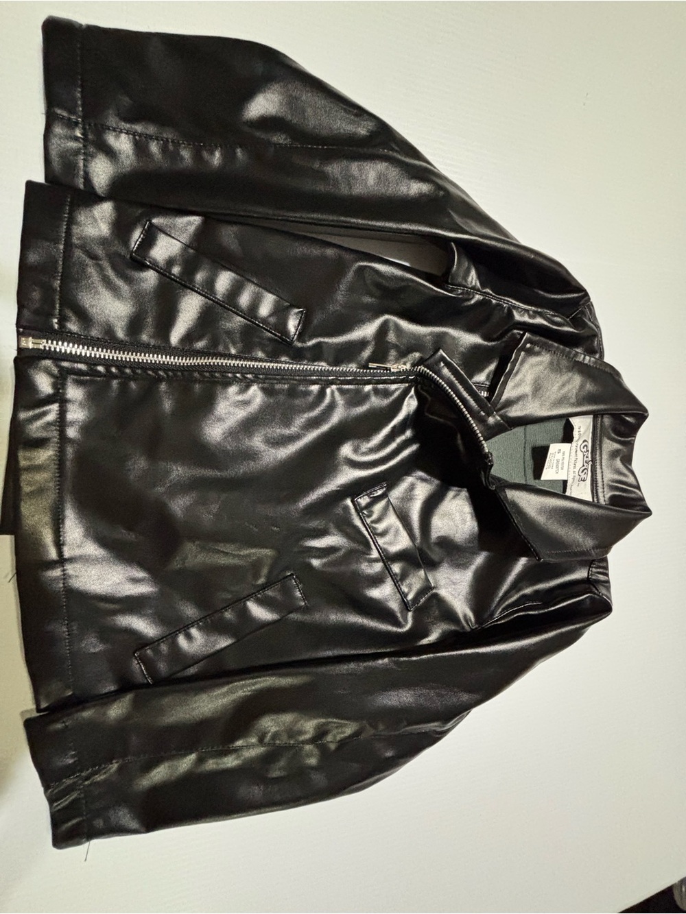 Black Faux Leather Kids Jacket with Zip Front